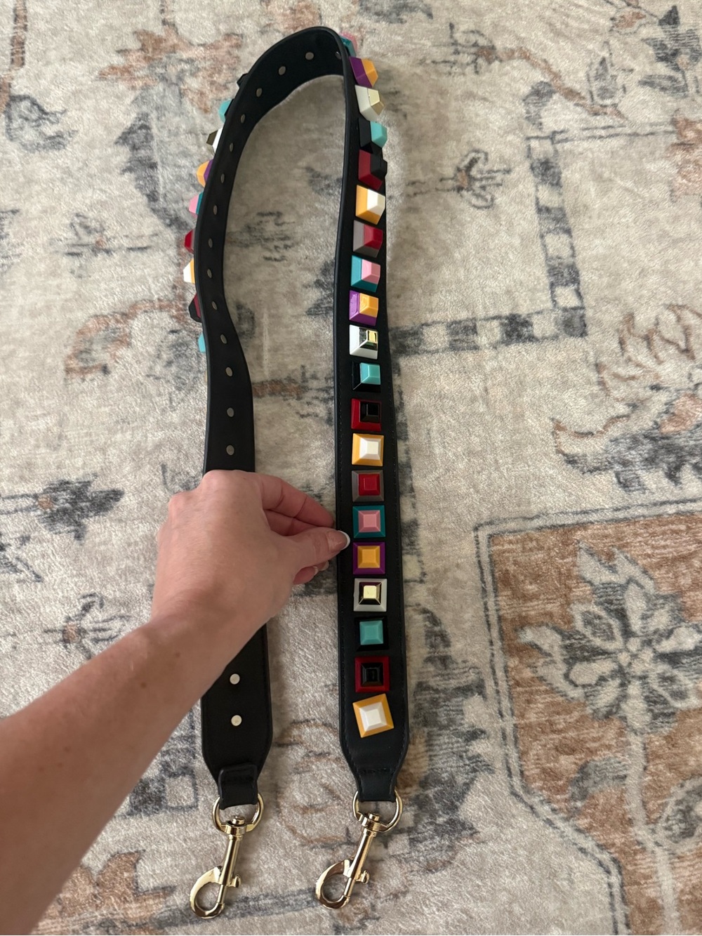 Unbranded Black Leather Bag Strap with Multicolor Pyramid Studs - Picture 2 of 9